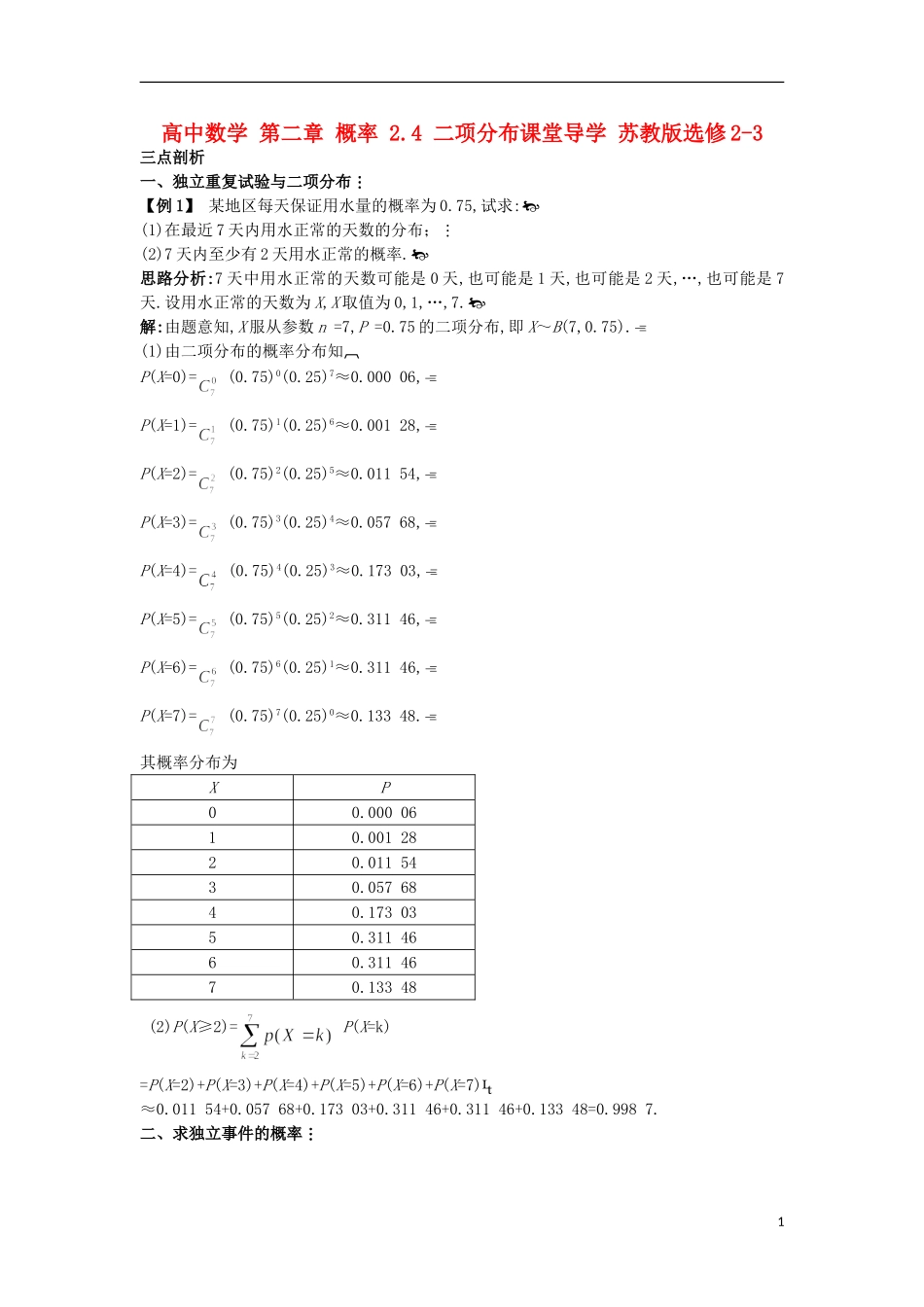 高中数学 第二章 概率 2.4 二项分布课堂导学 苏教版选修2-3-苏教版高二选修2-3数学试题_第1页