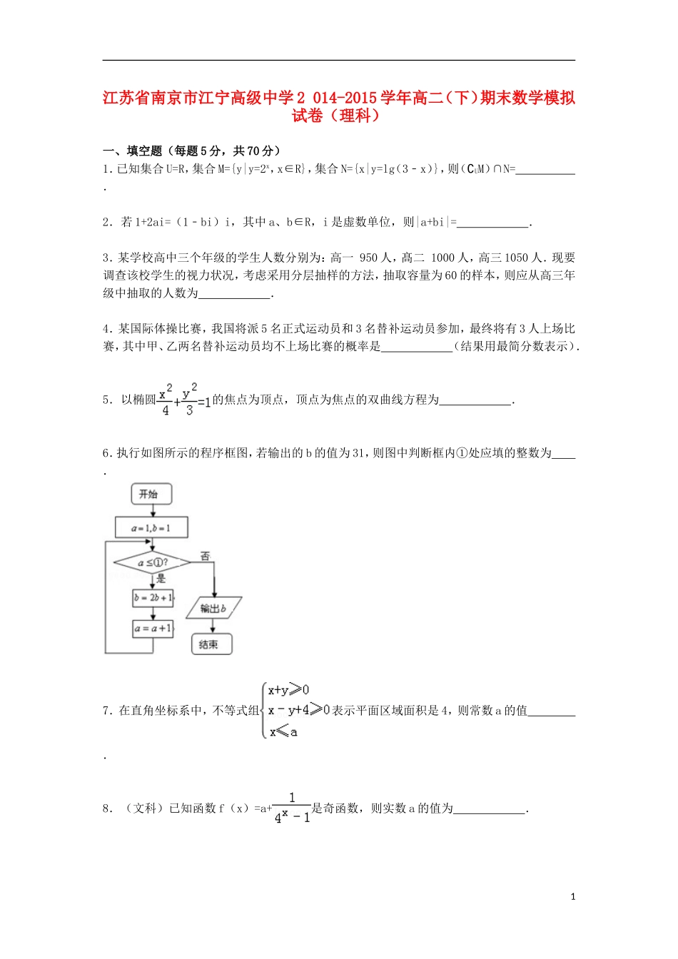 高二数学下学期期末模拟试卷 理（含解析）-人教版高二全册数学试题_第1页