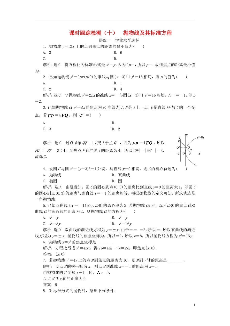高中数学 课时跟踪检测（十）抛物线及其标准方程 新人教A版选修2-1-新人教A版高二选修2-1数学试题_第1页