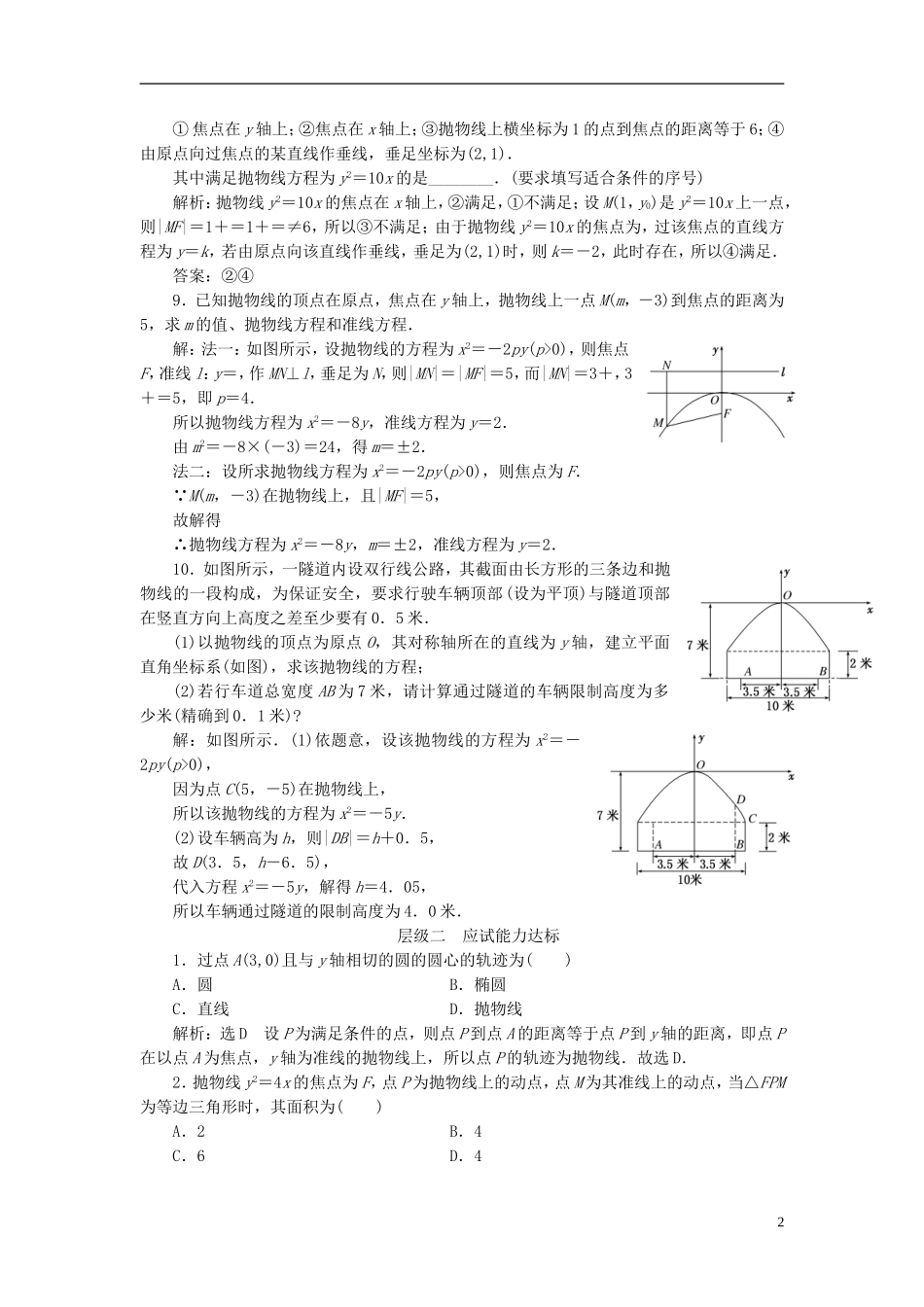 高中数学 课时跟踪检测（十）抛物线及其标准方程 新人教A版选修2-1-新人教A版高二选修2-1数学试题_第2页