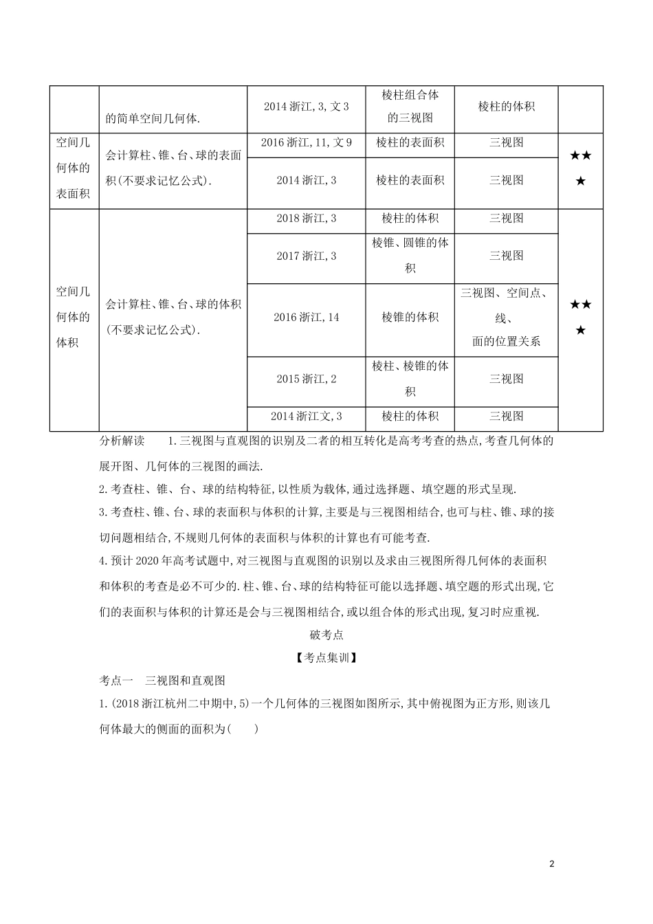 （浙江专用）高考数学一轮总复习 专题8 立体几何 8.1 空间几何体的三视图、表面积和体积检测-人教版高三全册数学试题_第2页