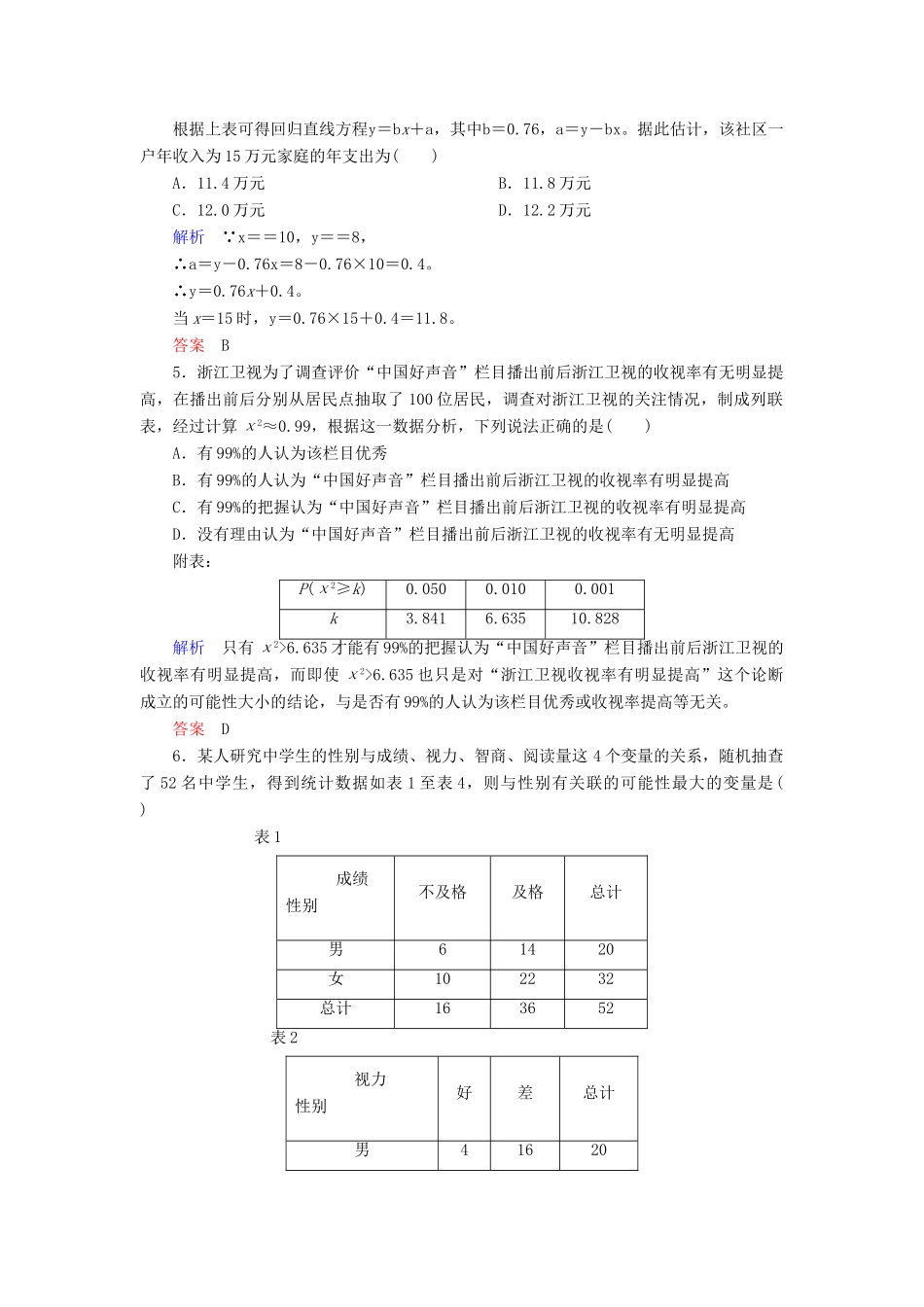 高考数学大一轮总复习 第十章 统计、统计案例及算法初步 计时双基练72 变量间的相关关系、统计案例 理 北师大版-北师大版高三全册数学试题_第2页