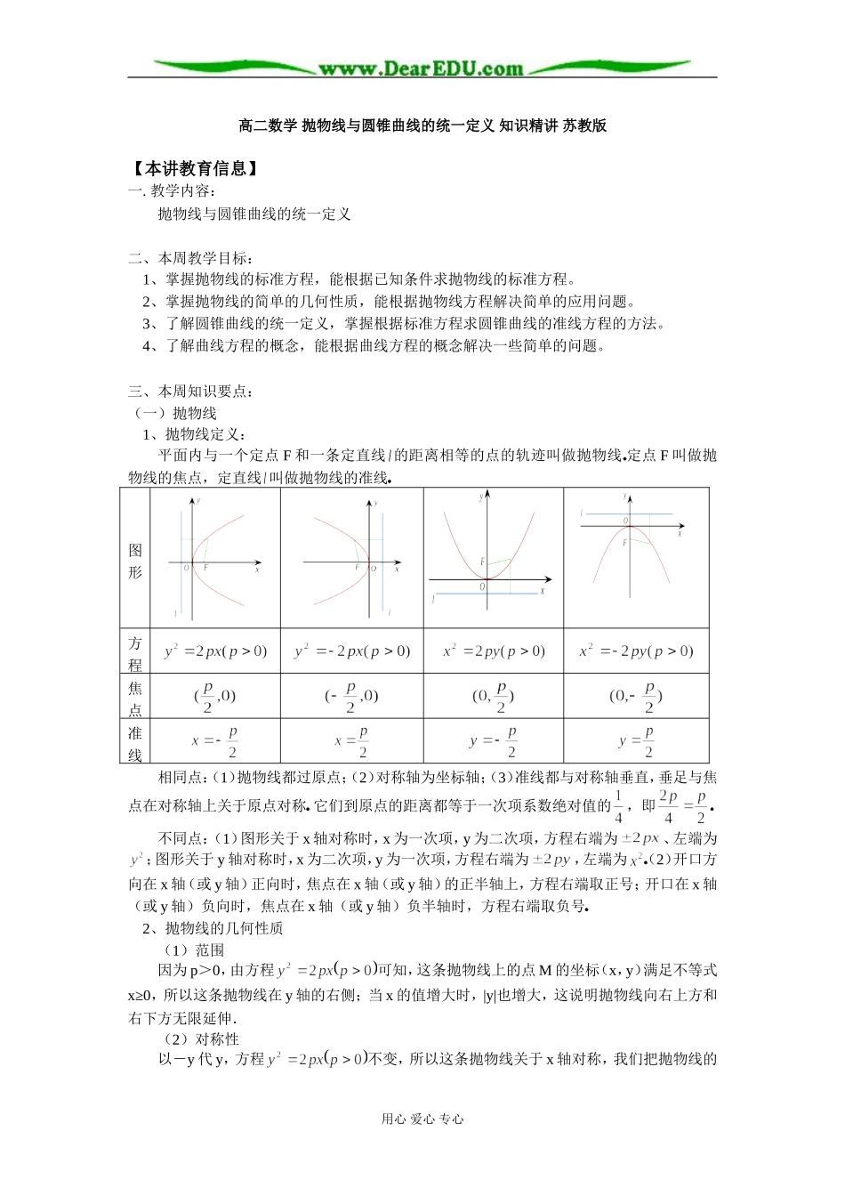 高二数学 抛物线与圆锥曲线的统一定义 知识精讲 苏教版_第1页