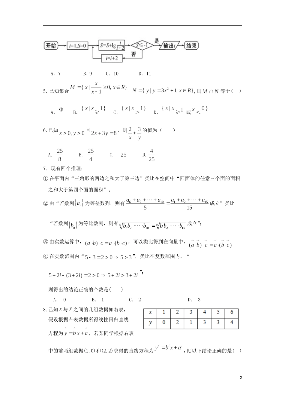 福建省三明市高二数学下学期期中试题 文-人教版高二全册数学试题_第2页