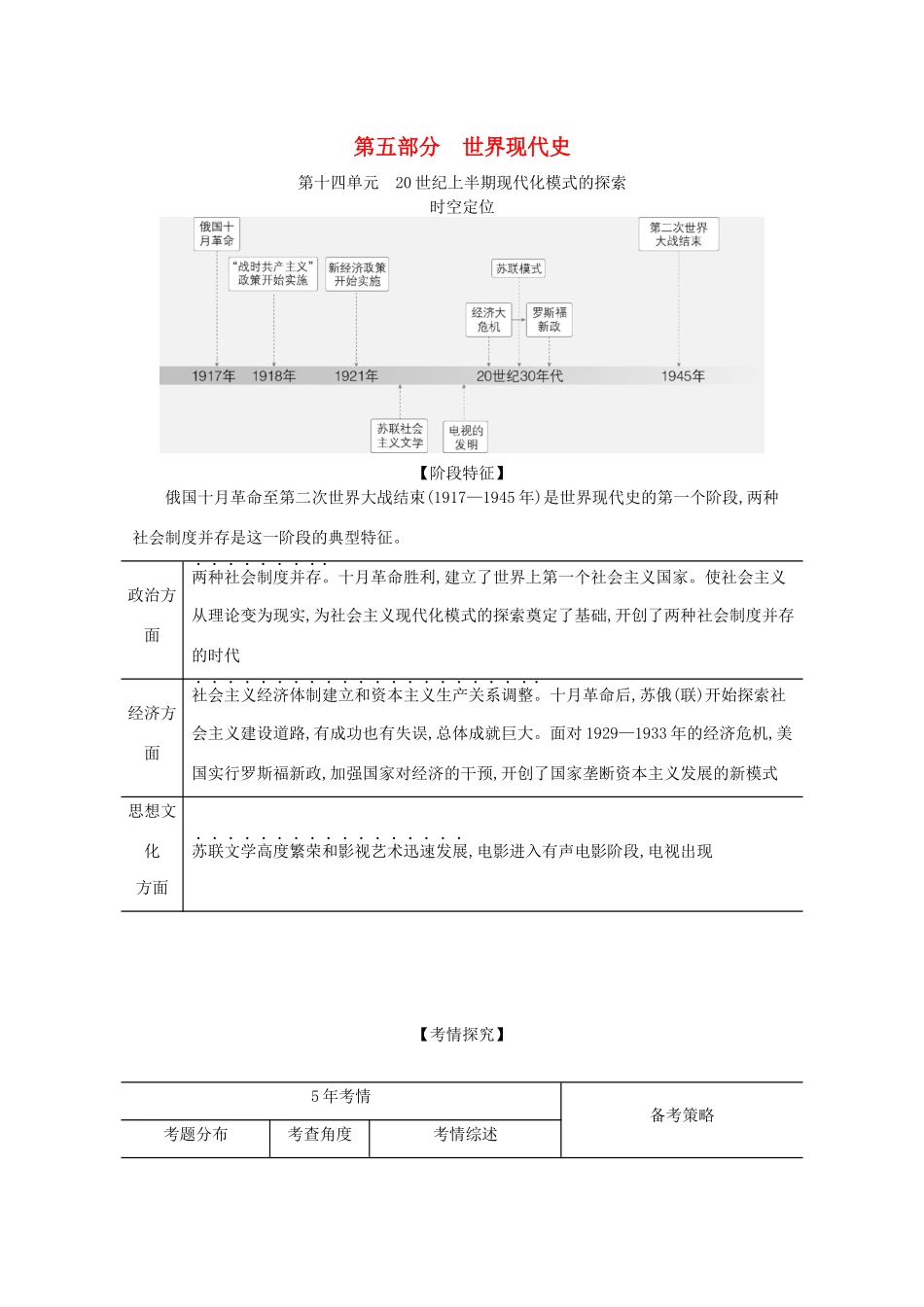 （江苏专用）高考历史一轮复习 第四部分 世界近代史 第十四单元 20世纪上半期现代化模式的探索试题（含解析）-人教版高三全册历史试题_第1页