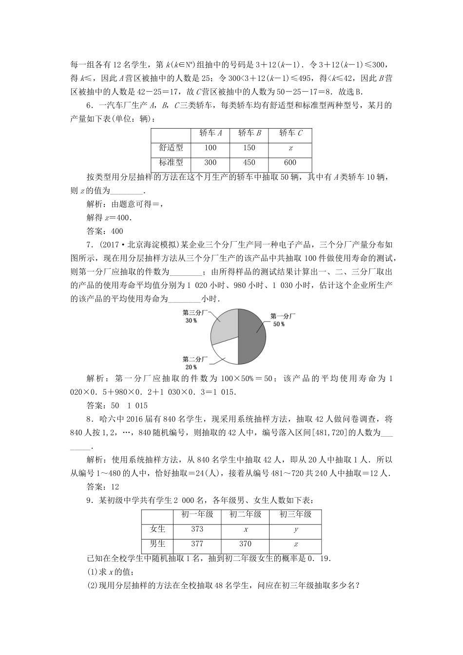 高考数学大一轮复习 第十章 算法初步、统计、统计案例 课时跟踪检测（五十五）随机抽样练习 文-人教版高三全册数学试题_第3页