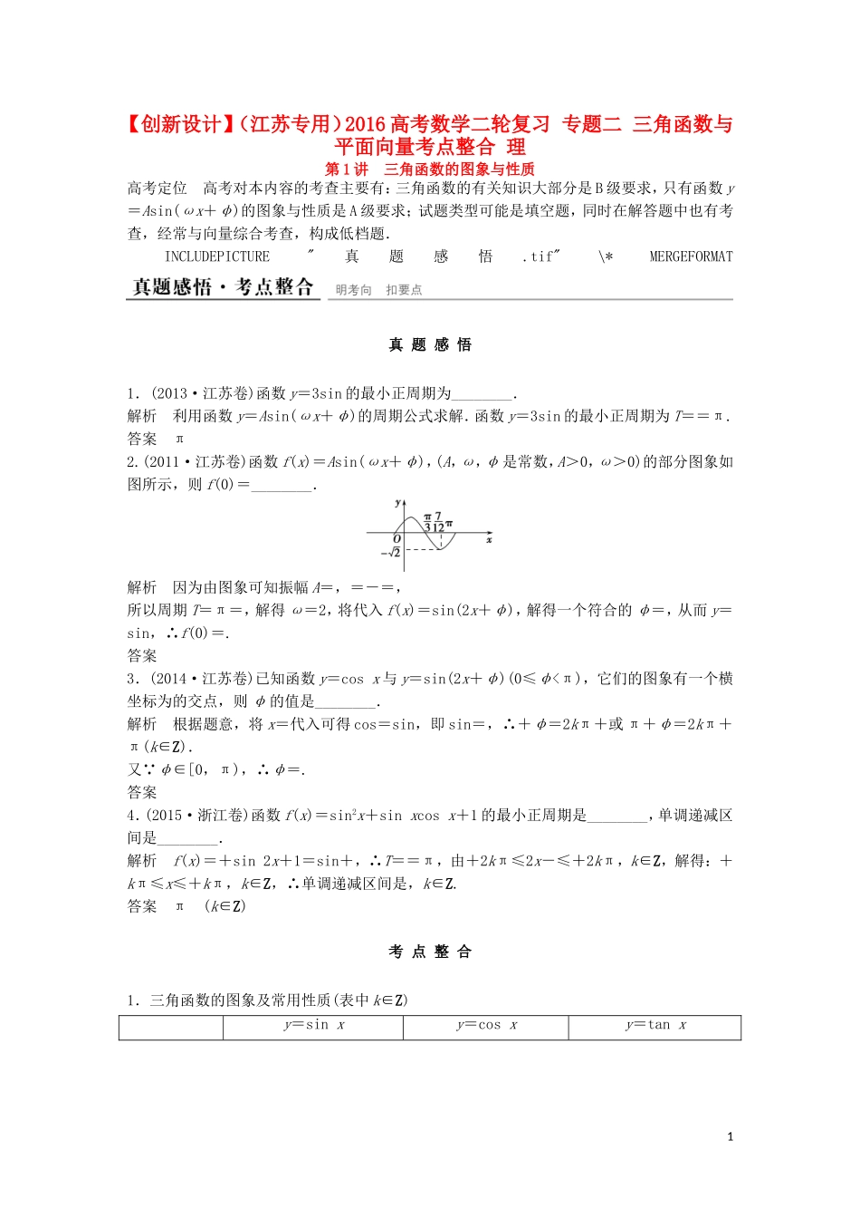 （江苏专用）高考数学二轮复习 专题二 三角函数与平面向量考点整合 理-人教版高三全册数学试题_第1页