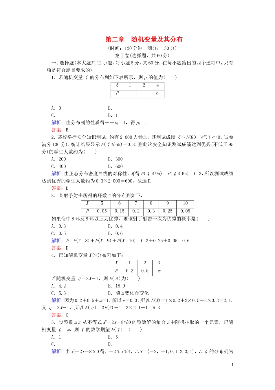高中数学 第2章 随机变量及其分布阶段性测试题二 新人教A版选修2-3-新人教A版高二选修2-3数学试题_第1页
