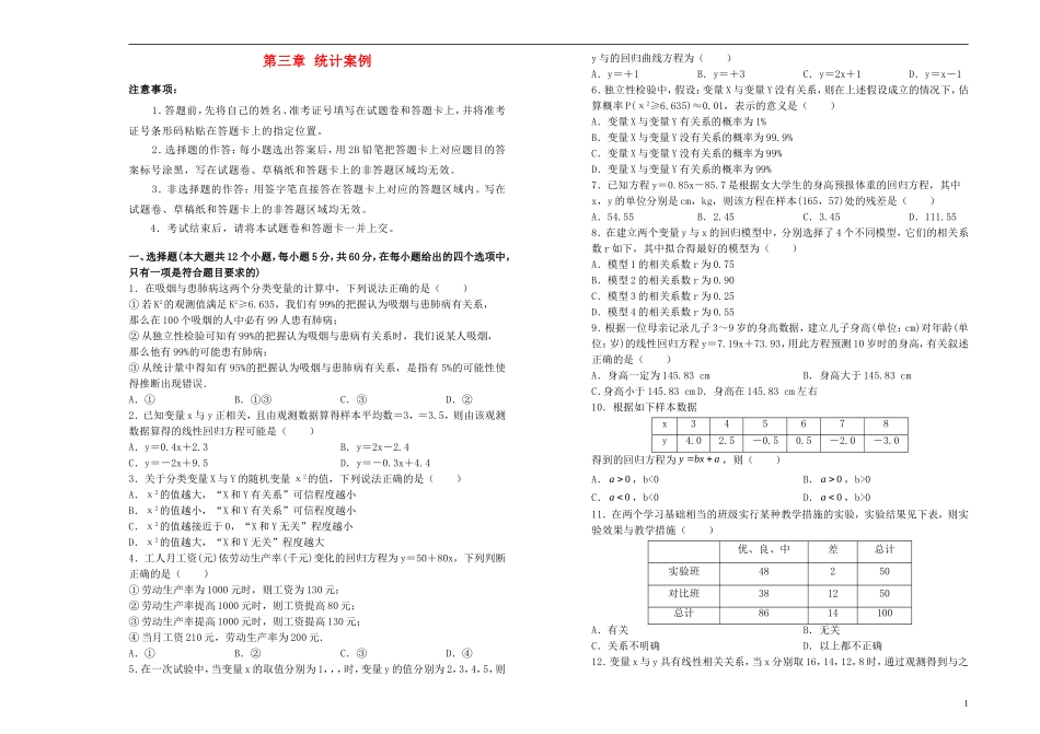 高中数学 第三章 统计案例单元测试（二）新人教A版选修2-3-新人教A版高二选修2-3数学试题_第1页