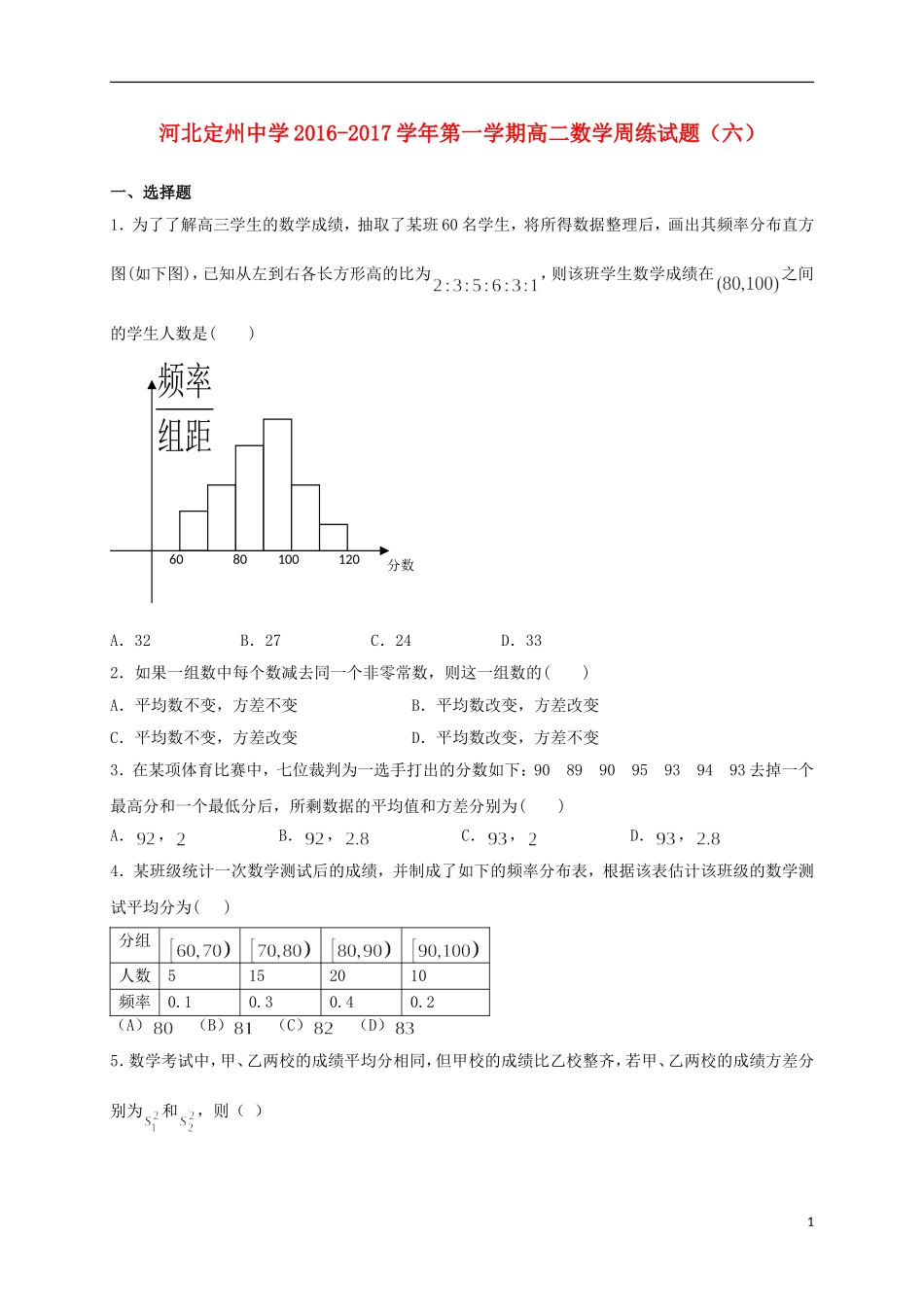 高二数学上学期周练试题（10.16）-人教版高二全册数学试题_第1页