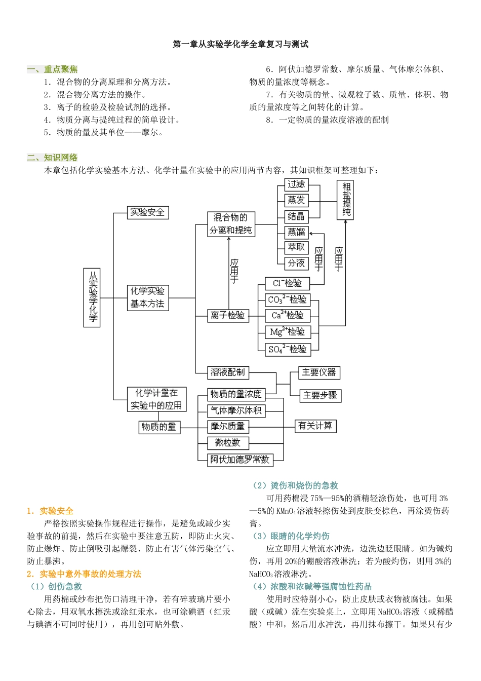 高一化学第一章从实验学化学全章复习与测试  人教版 必修一_第1页