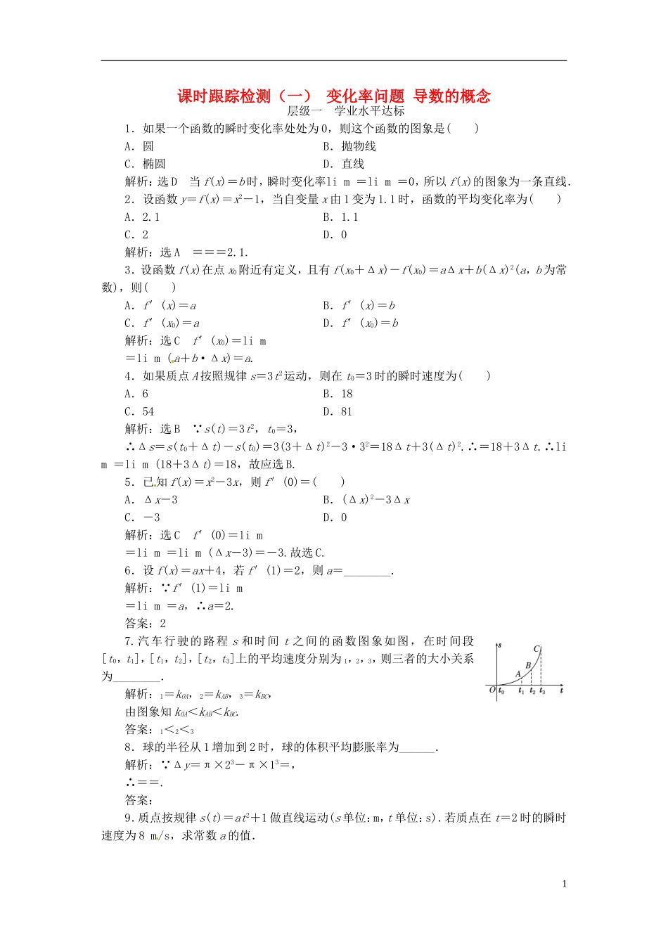 高中数学 课时跟踪检测（一）变化率问题 导数的概念 新人教A版选修2-2-新人教A版高二选修2-2数学试题_第1页