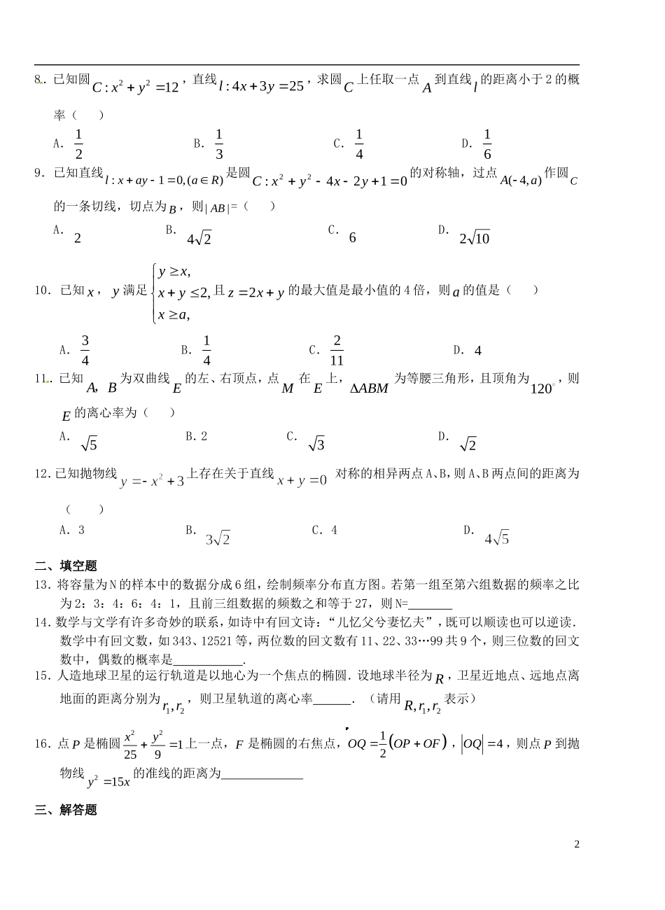 高二数学上学期第六次双周练试题 理-人教版高二全册数学试题_第2页