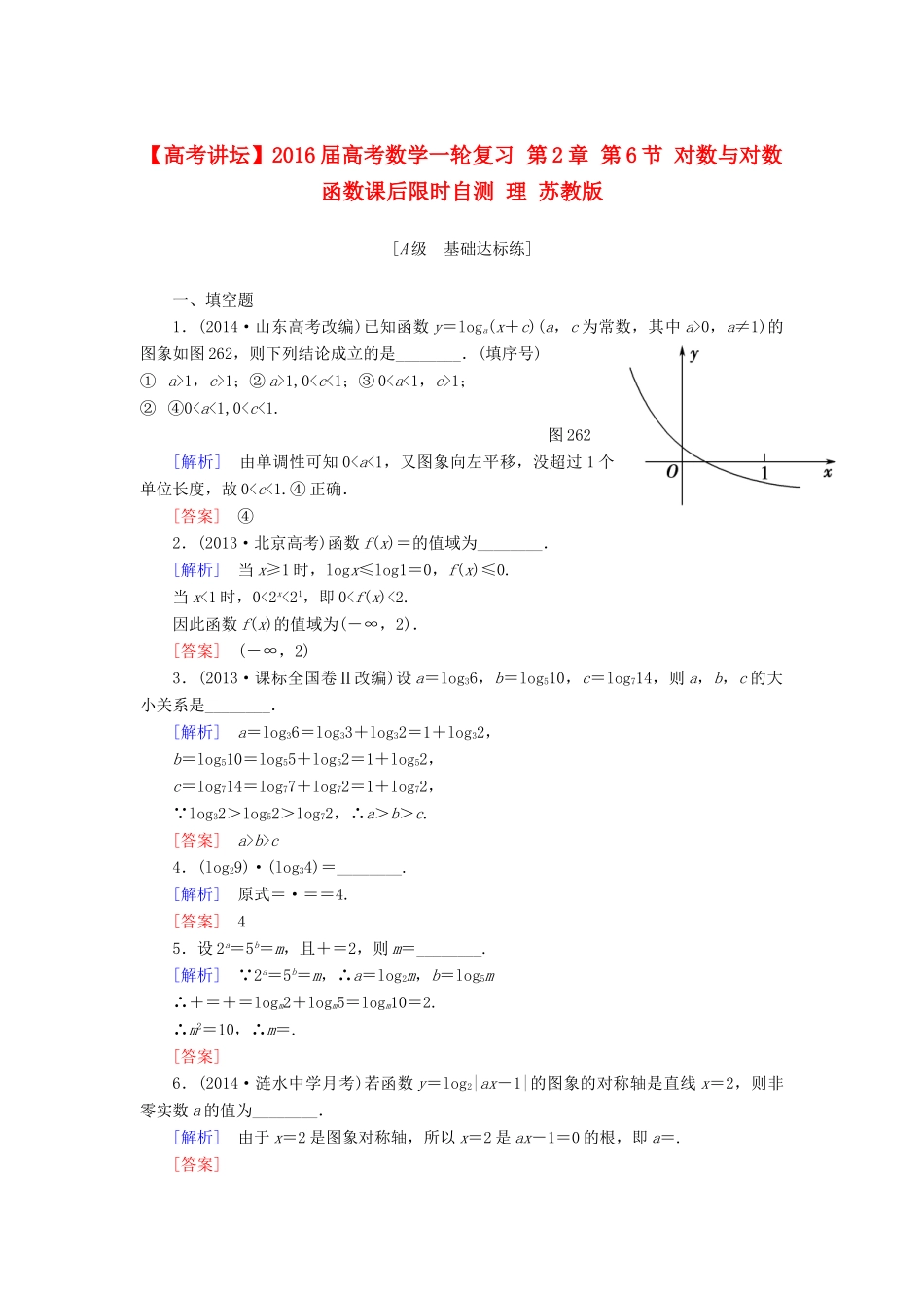 高考讲坛高考数学一轮复习 第2章 第6节 对数与对数函数课后限时自测 理 苏教版-苏教版高三全册数学试题_第1页