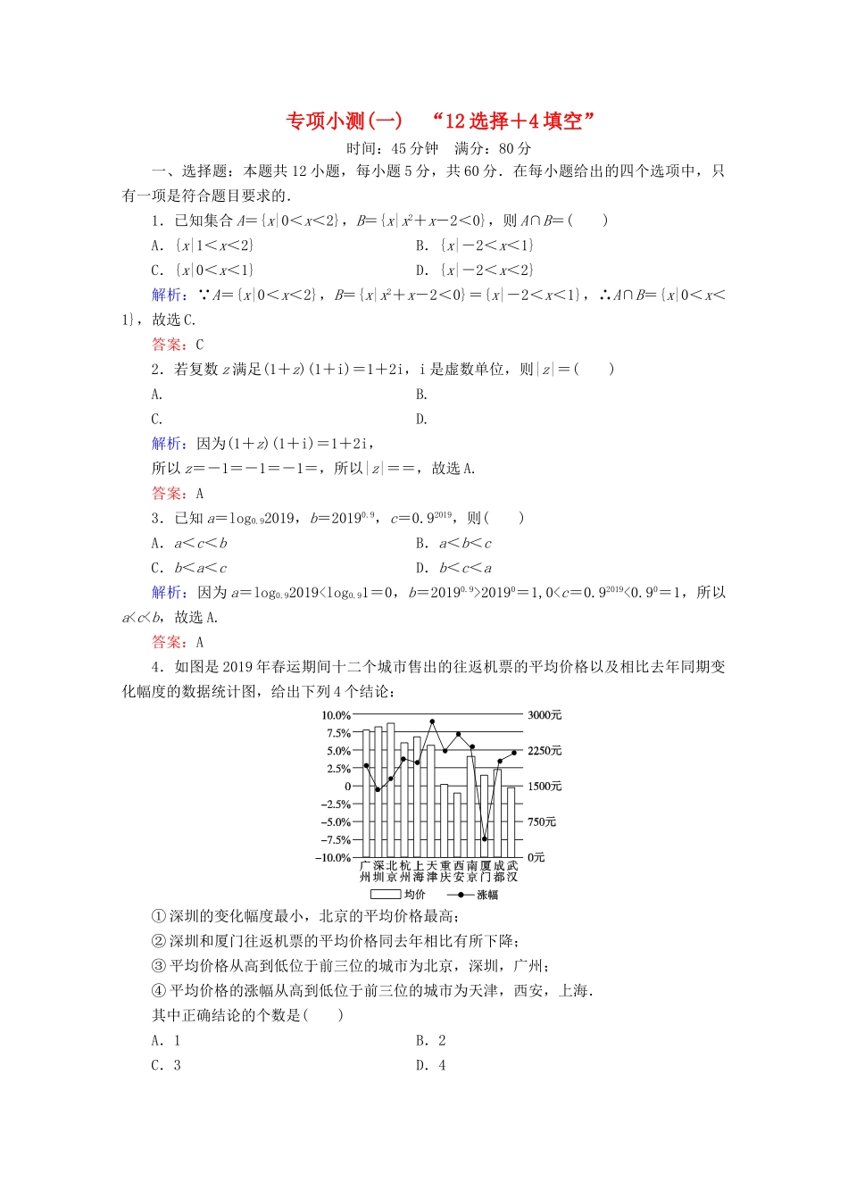 （新高考）高考数学二轮复习 专项小测1 “12选择＋4填空” 理-人教版高三全册数学试题_第1页