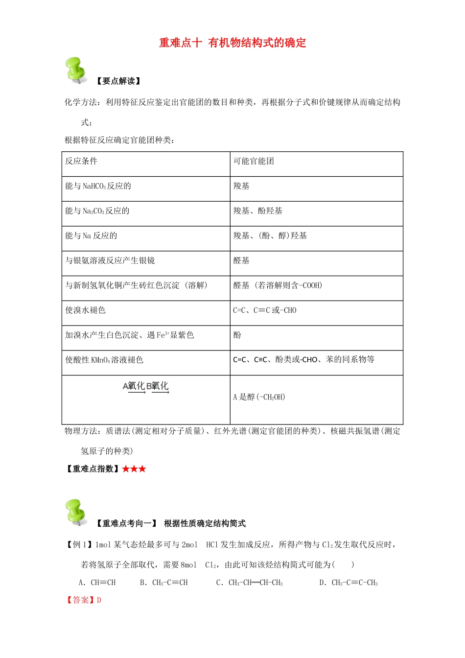 高中化学 第一章 认识有机化合物 重难点十 有机物结构式的确定（含解析）新人教版选修5-新人教版高二选修5化学试题_第1页