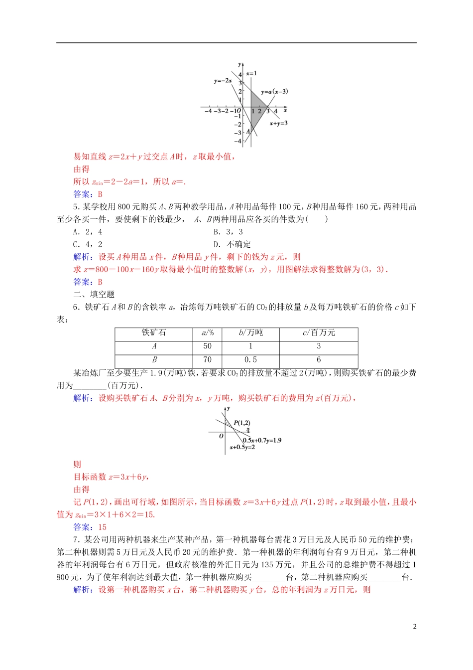 高中数学 第三章 不等式 3.3-3.3.2 二元一次不等式（组）与简单的线性规划问题 第2课时 简单线性规划的应用练习 新人教A版必修5-新人教A版高二必修5数学试题_第2页