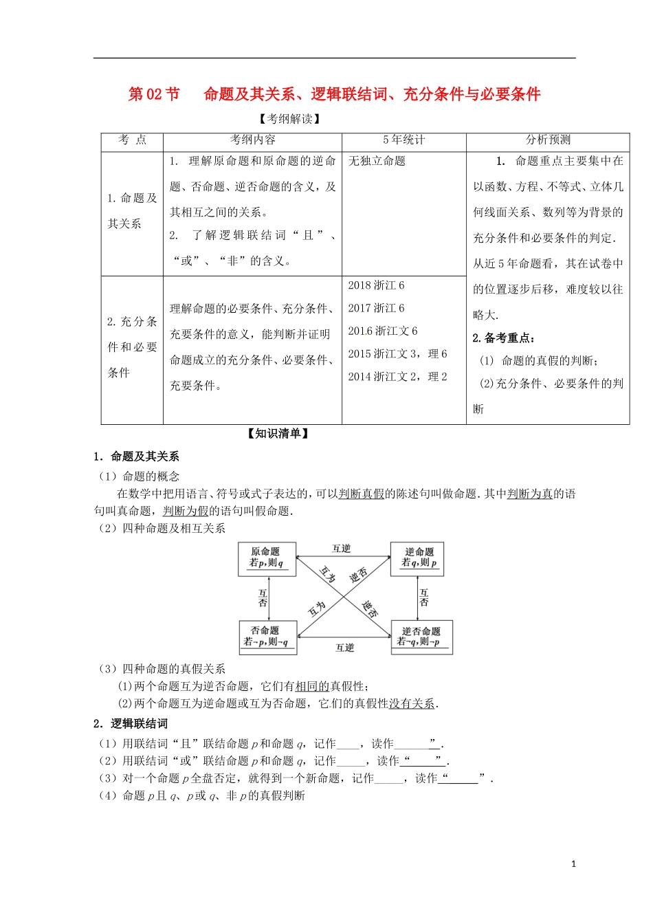 （浙江专版）高考数学一轮复习 专题1.2 命题及其关系、逻辑联结词、充分条件与必要条件（讲）-人教版高三全册数学试题_第1页