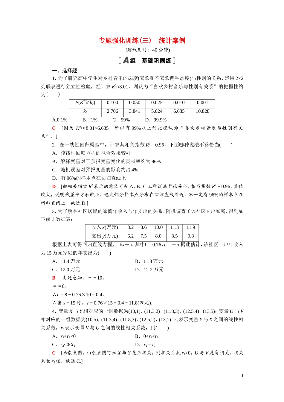 高中数学 专题强化训练3 统计案例（含解析）新人教A版选修2-3-新人教A版高二选修2-3数学试题_第1页