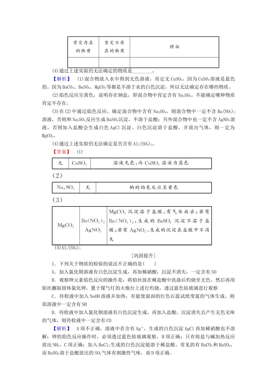 高中化学 专题1 化学家眼中的物质世界 1.2.2 常见物质的检验课时作业 苏教版必修1-苏教版高一必修1化学试题_第3页