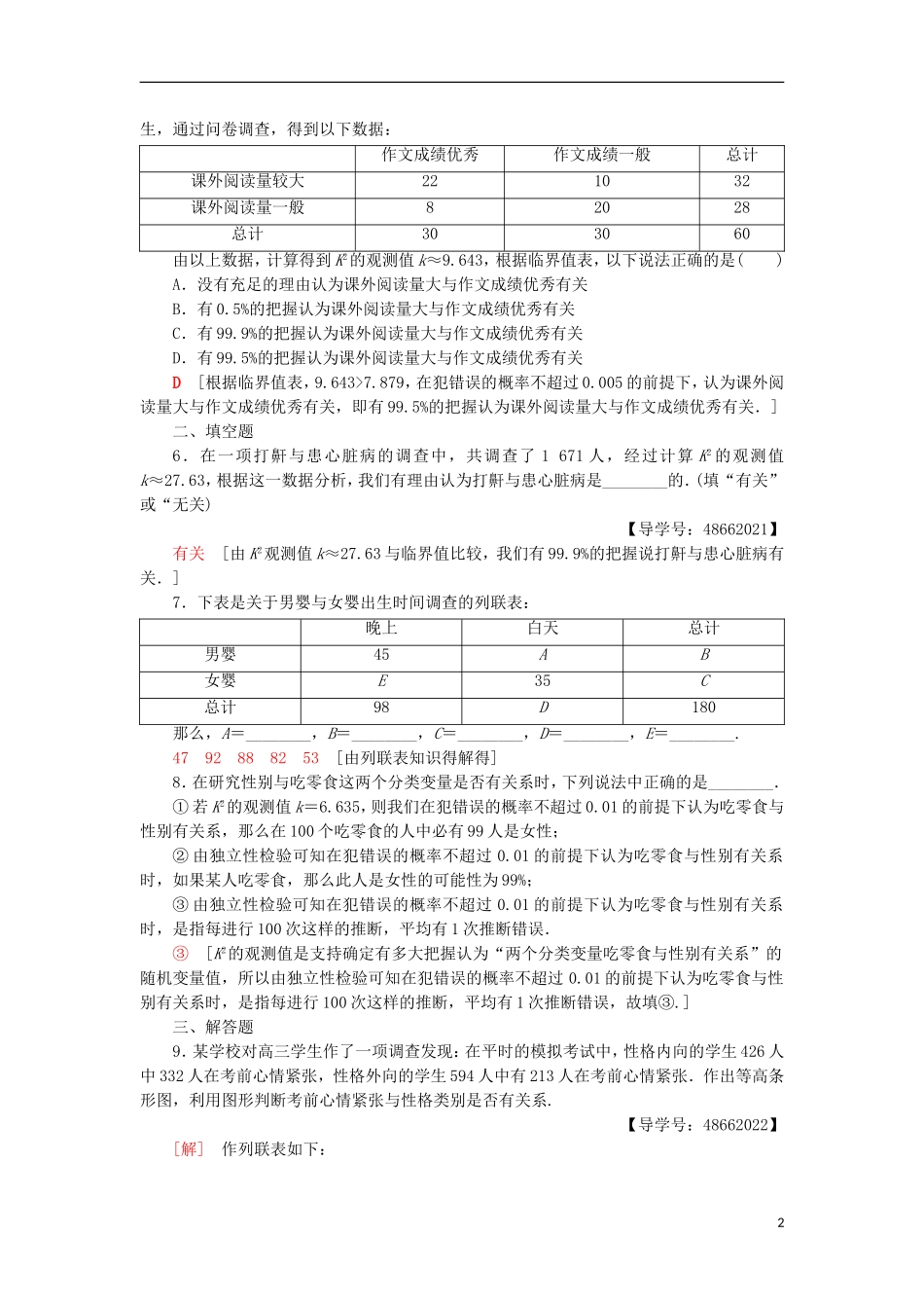 高中数学 课时分层作业2 独立性检验的基本思想及其初步应用 新人教A版选修1-2-新人教A版高二选修1-2数学试题_第2页