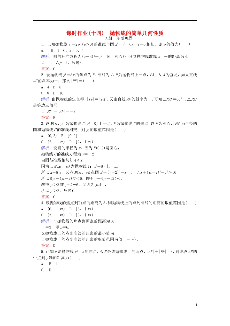 高中数学 第二章 圆锥曲线与方程 课时作业（十四）抛物线的简单几何性质 新人教B版选修2-1-新人教B版高二选修2-1数学试题_第1页