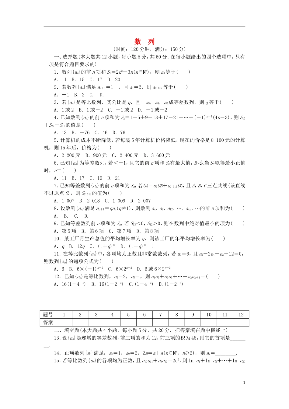高中数学 第二章 数列章末检测 新人教A版必修5-新人教A版高二必修5数学试题_第1页