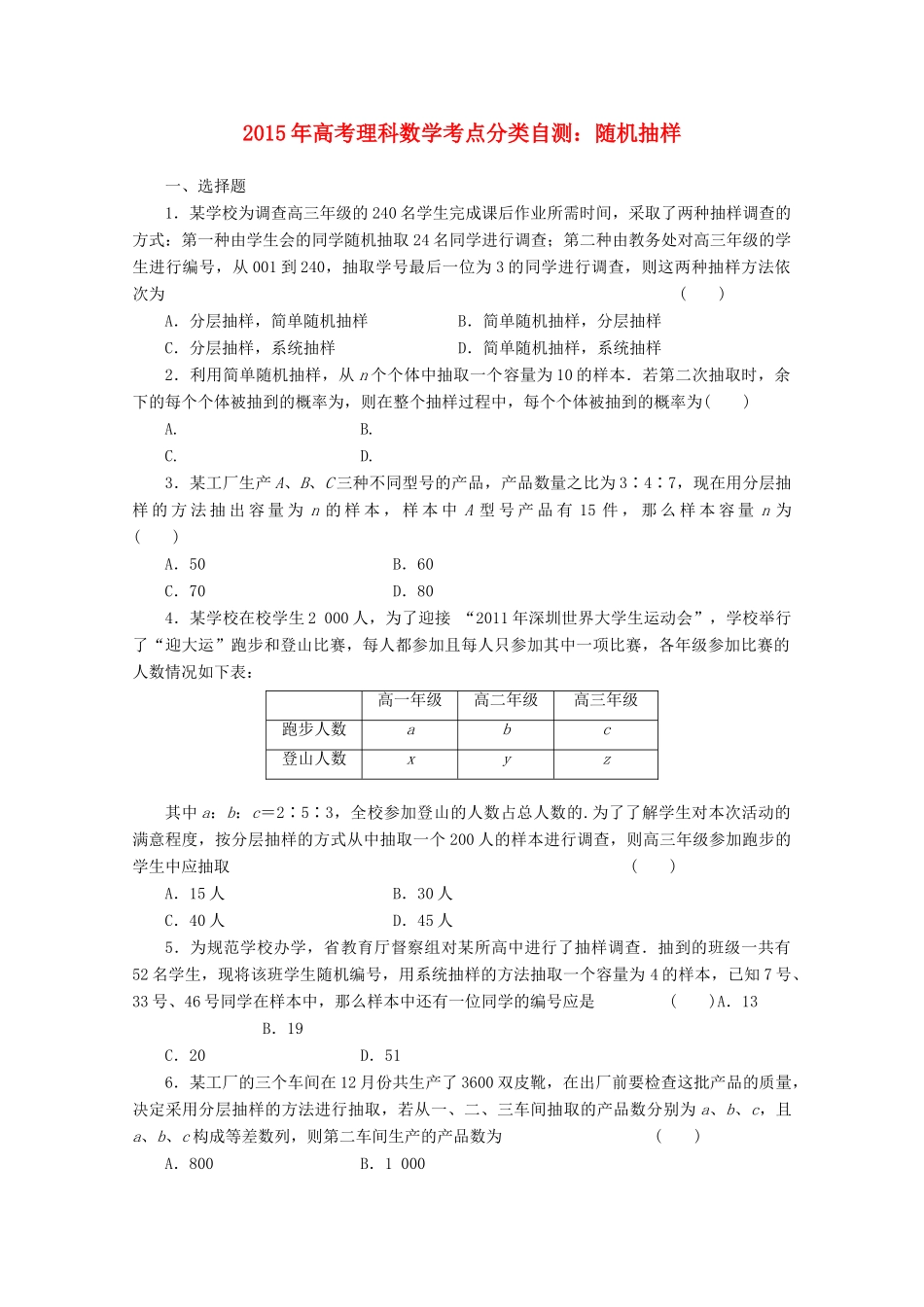 高考数学考点分类自测 随机抽样 理-人教版高三全册数学试题_第1页