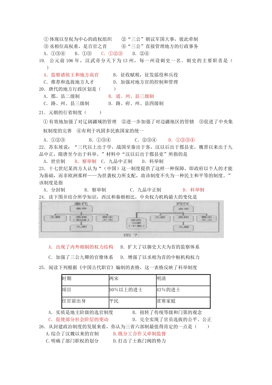 高一历史上学期第一次周测人民版-人民版高一全册历史试题_第3页