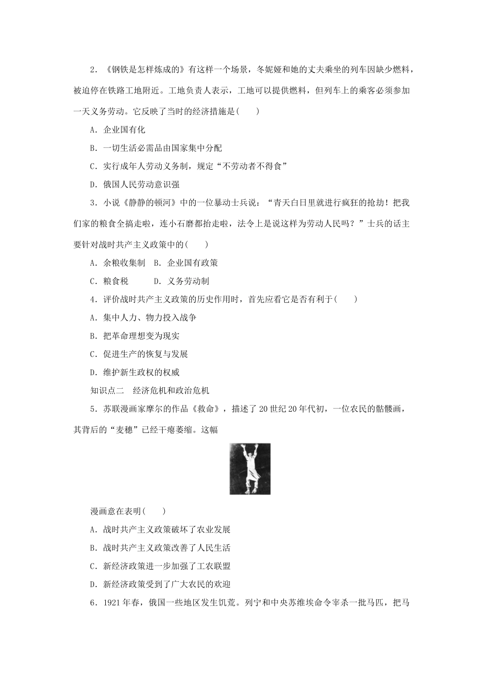 高中历史 专题七 苏联社会主义建设的经验与教训课时作业1 人民版必修2-人民版高一必修2历史试题_第3页