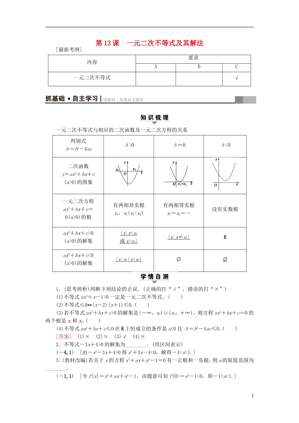 （江苏专用）高考数学一轮复习 第三章 不等式 第13课 一元二次不等式及其解法教师用书-人教版高三全册数学试题_第1页
