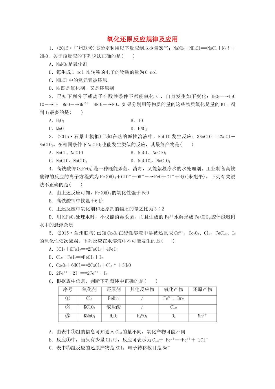 广东省高考化学一轮复习 课时跟踪检测（十五）氧化还原反应规律及应用-人教版高三全册化学试题_第1页