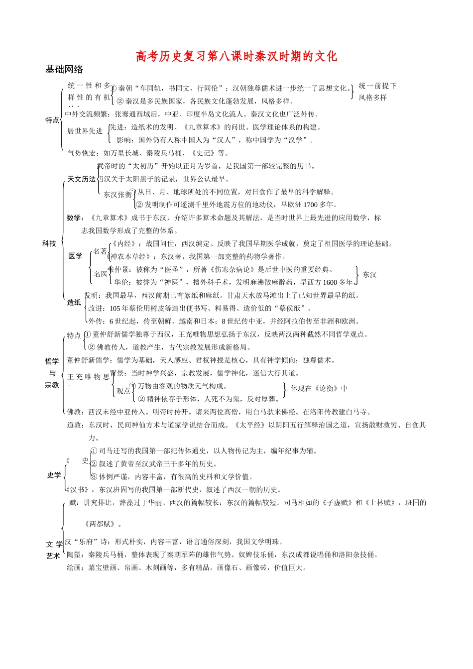 高考历史复习第八课时秦汉时期的文化_第1页