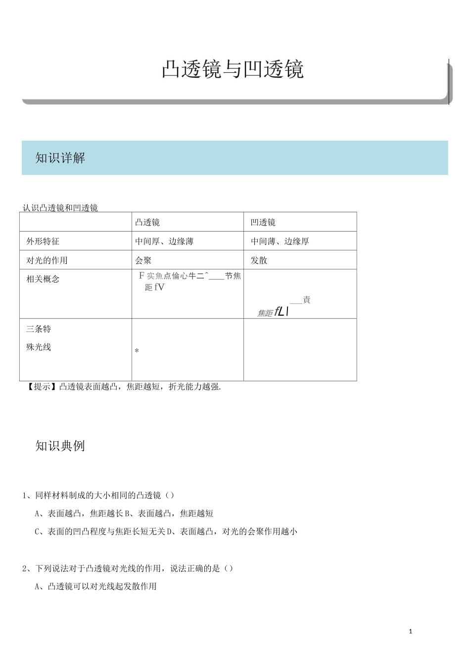 (完整版)初中物理透镜及透镜成像知识点练习题_第1页