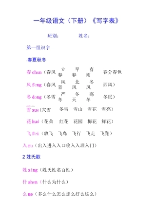 一年级语文(下册)《写字表》