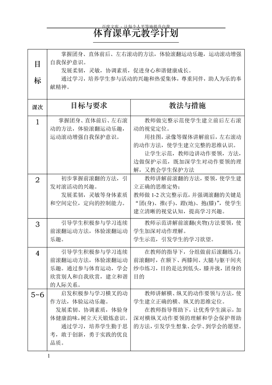 体育课单元教学计划(一年级)_第1页
