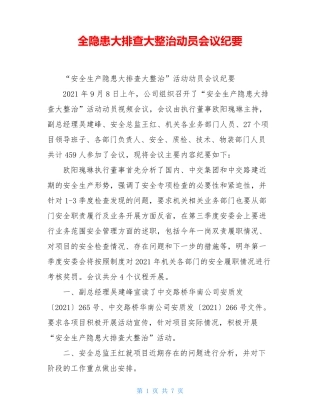 全隐患大排查大整治动员会议纪要