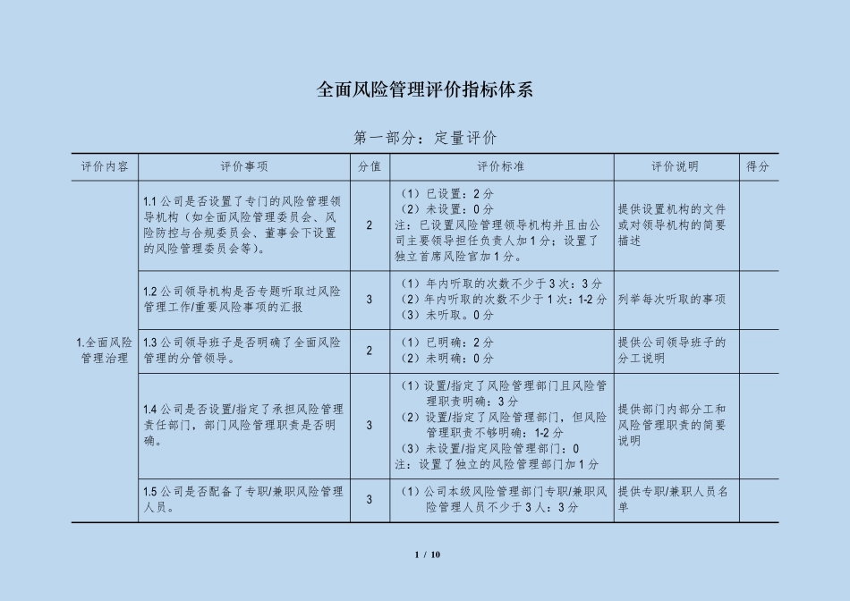 全面风险管理评价指标体系_第1页
