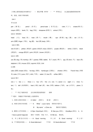 完整版,三年级上册英语重点单词和句子