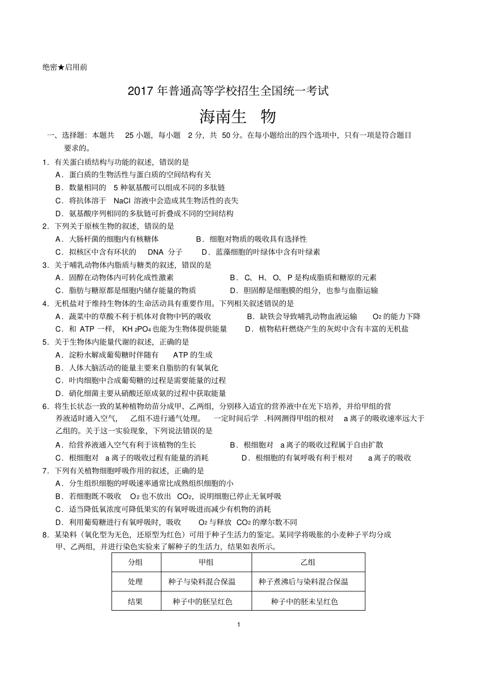 完整版,精校版2017年海南生物高考试题文档版含答案_第1页