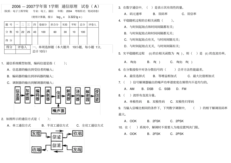 完整版,通信原理期末试题及答案,推荐文档_第1页