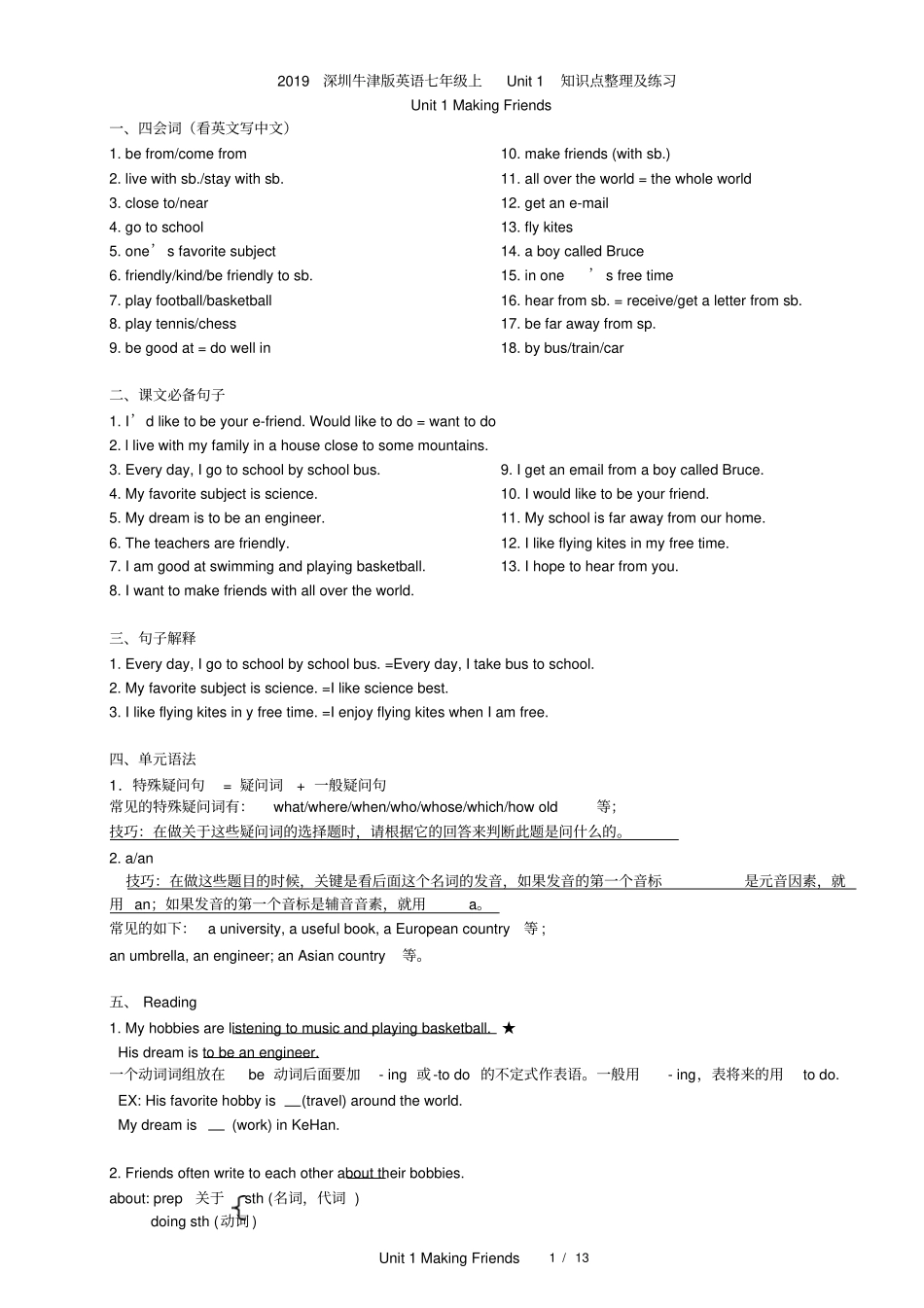 完整版00-2019深圳牛津版英语七年级上Unit1知识点整理及练习_第1页