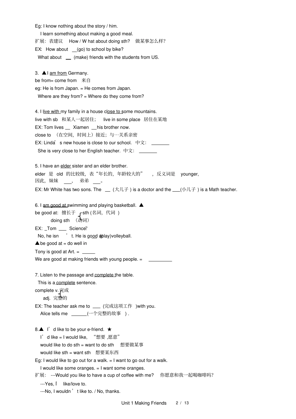 完整版00-2019深圳牛津版英语七年级上Unit1知识点整理及练习_第2页