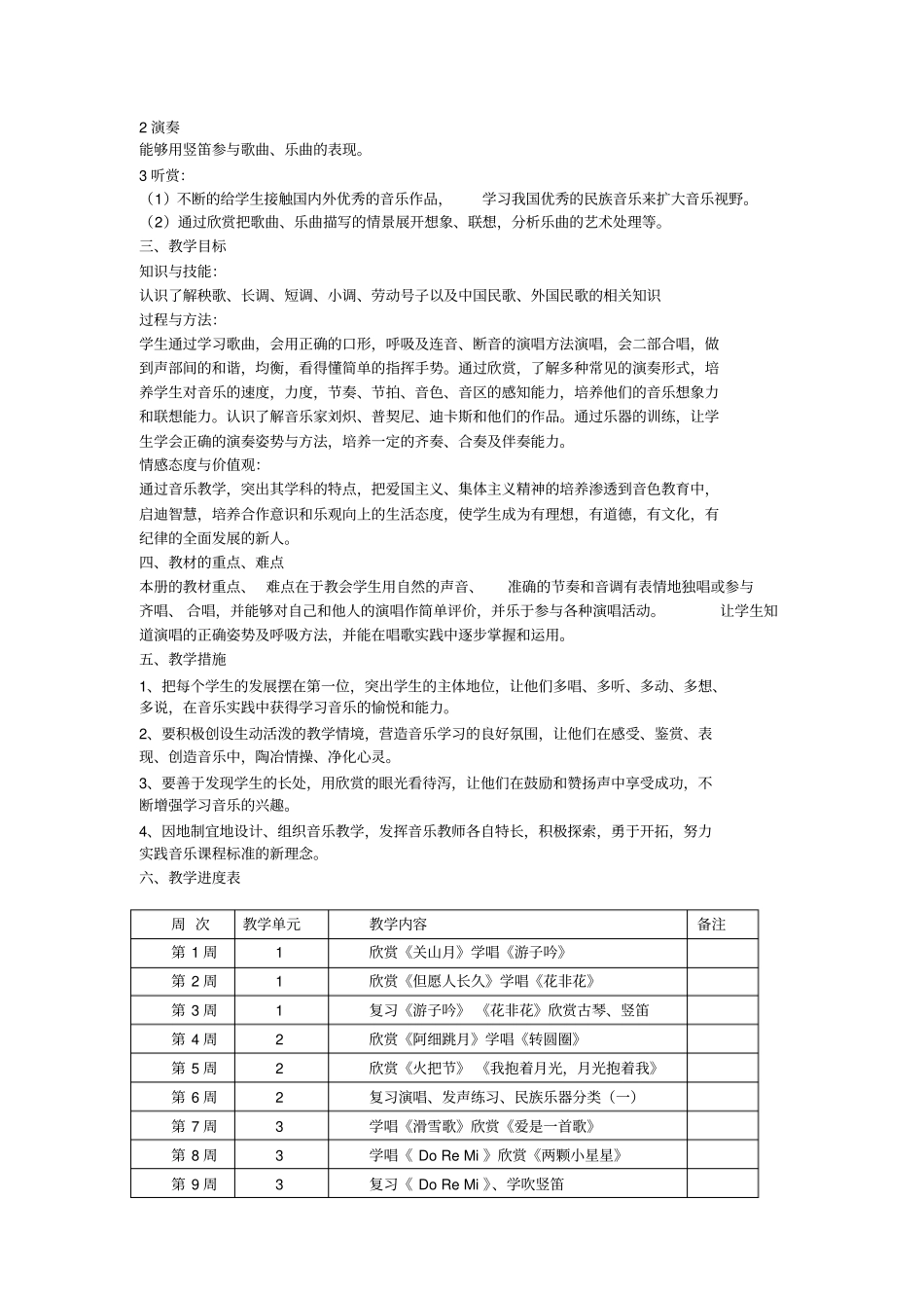 完整版2015人音版六年级下册音乐教学计划_第2页