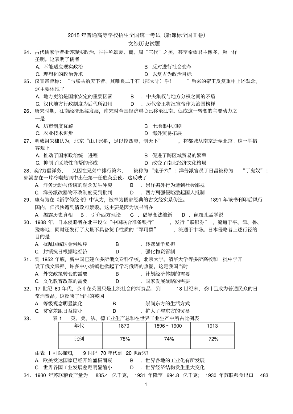 完整版2015年全国2卷历史部分_第1页
