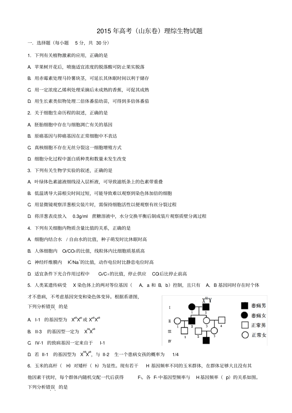 完整版2015年山东高考生物真题含答案,推荐文档_第1页