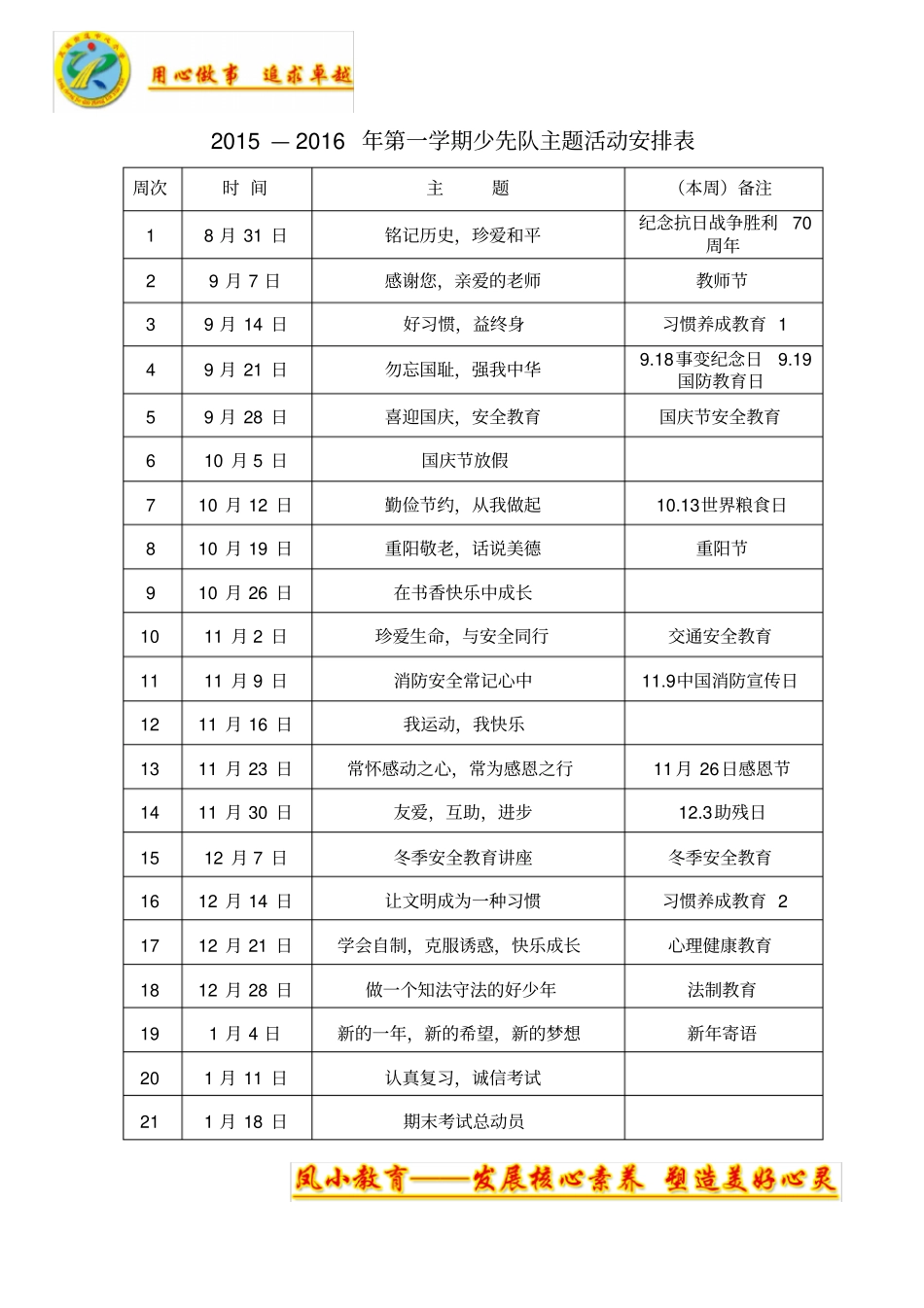 完整版2015年秋季第一学期少先队主题活动安排_第1页