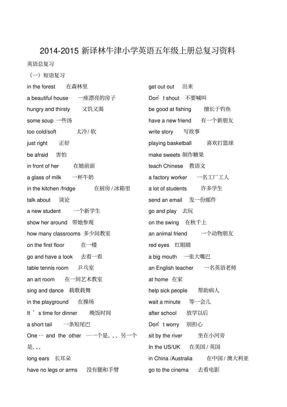完整版2015新译林牛津小学英语五年级上册总复习【自己整理版】_第1页