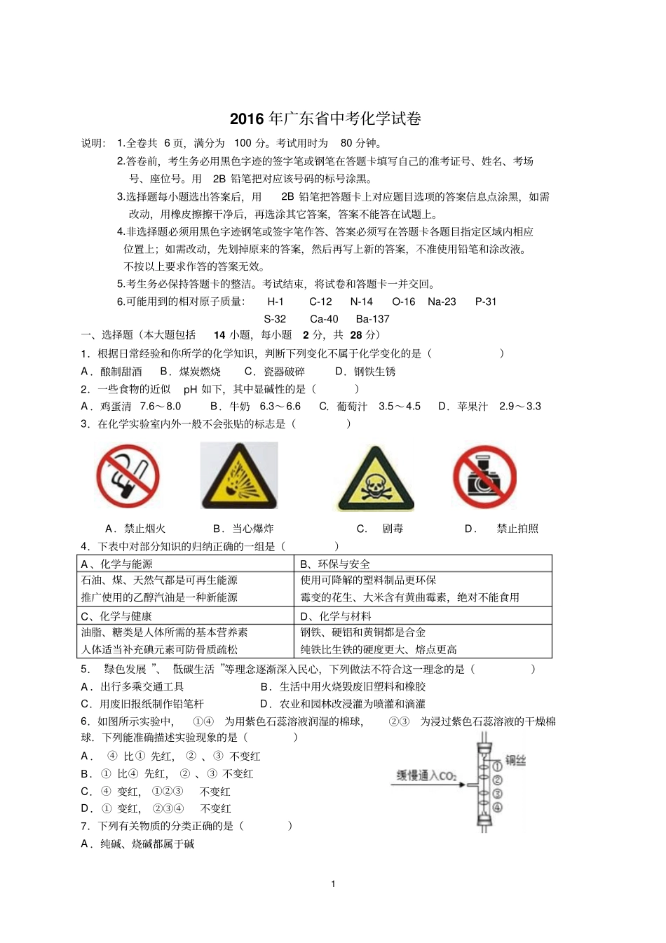 完整版2016年广东中考化学试题及答案解析版_第1页