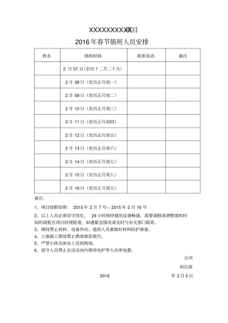 完整版2016年建筑工地春节放假值班表